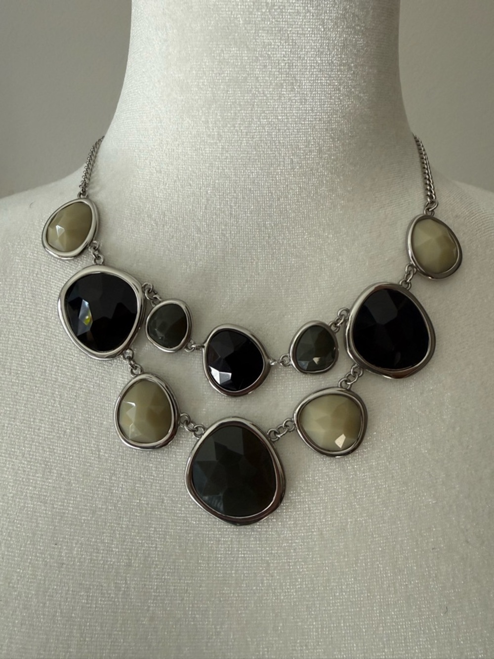 Black, Gray, and Cream Bib Necklace with Silver Accents